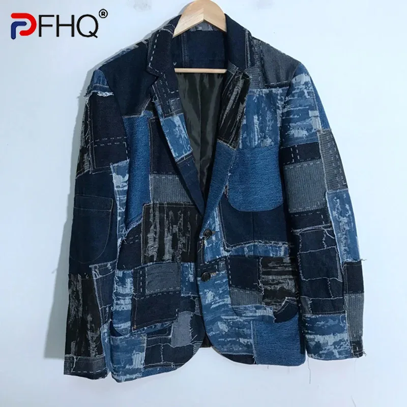 

PFHQ Men's Hole Denim Patchwork Wearproof Blazers Tide Creativity Personality Worn Out Vintage Autumn Streetwear Jackets 21Z1387