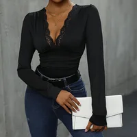 Benuynffy Sexy Deep V-neck Contrast Lace Bodysuit Women's Spring Fall Long Sleeve Club Party Elegant One-piece Body Tops