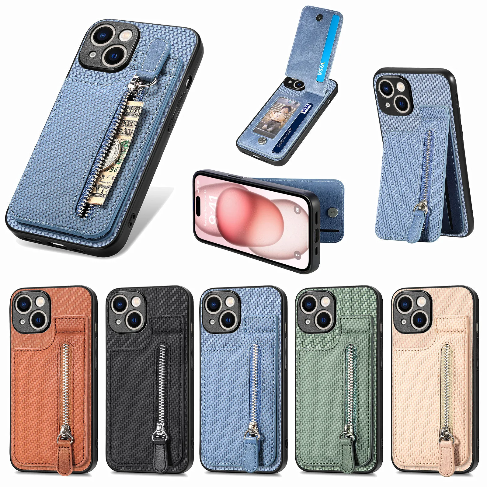 Leather Zipper Wallet Phone Case with Card Slots and Magnetic Holder