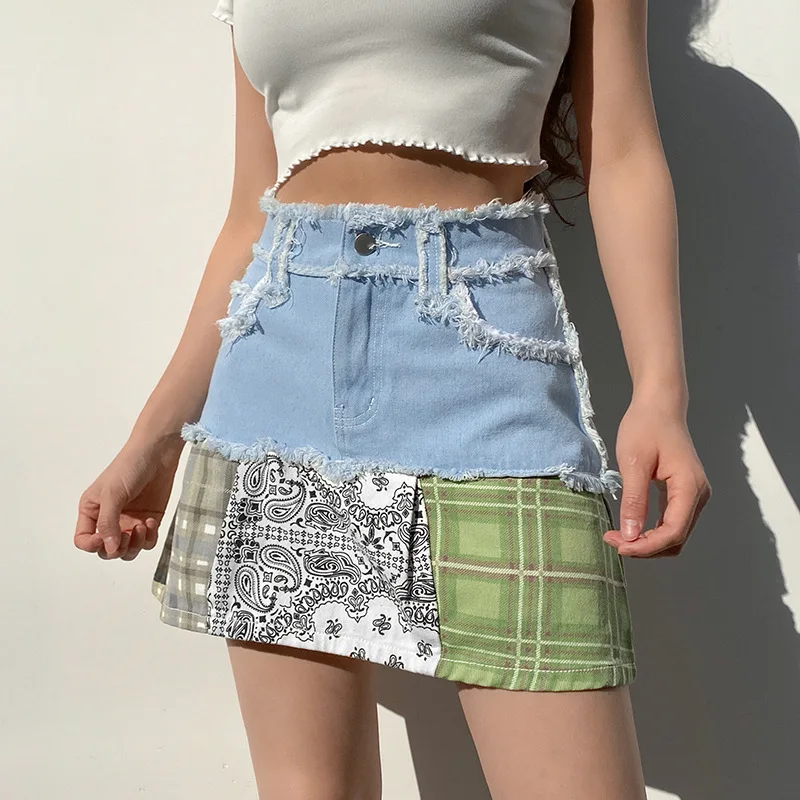 Indie Patchwork Raw Edges Denim Skirts Summer Women Fashion Casual High Waist Mini Skirts 2024 New All Match Individual Skirts