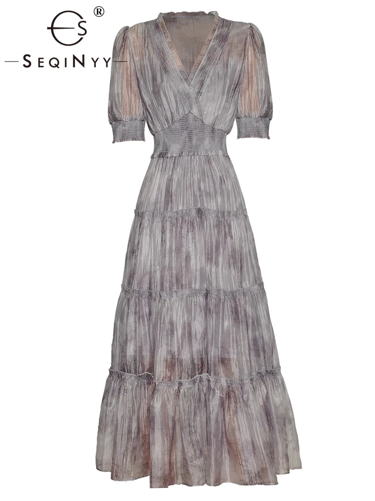 

SEQINYY Elegant Dress Summer Spring New Fashion Design Women Runway High Street Mesh Lace Pleated A-Line Print Casual