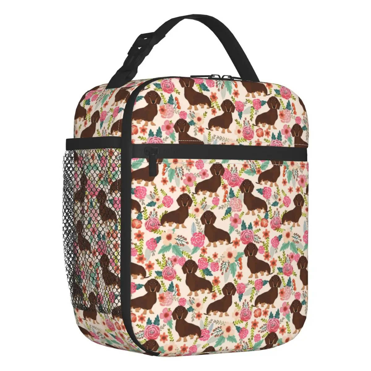 

Dachshund Florals Gift Thermal Insulated Lunch Bags Women Chocolate And Tan Doxie Dog Resuable Lunch Tote for School Food Box