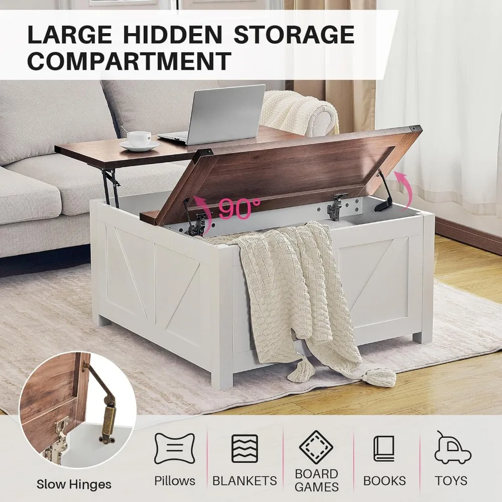 Farmhouse 35" Lift Top Coffee Table with Storage, Square Coffee Table with Charging Station, Hidden Storage Space 5