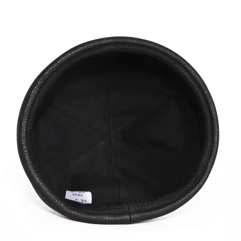 Retro Real Leather Hat Men Genuine Sheepskin Cap Male Brimless Warm Round Skullcap Winter Fashion Docker Sailor Tan Bone Bonnet 6