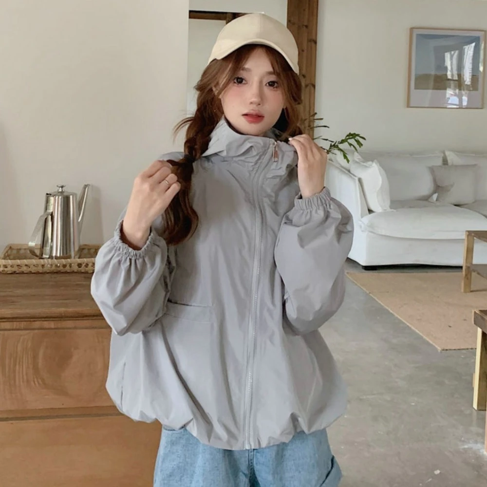 Casual Loose Sunscreen Coat Women Solid Color Windproof Sun-Protective Tops Quick-Drying Clothing Hooded Jacket Spring Autumn