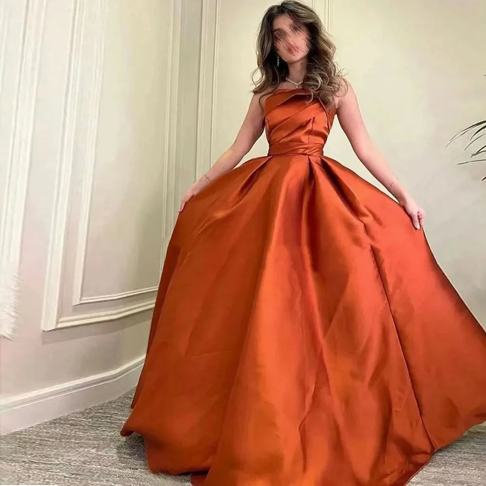 

Fairytale Vintage Simple A Line Burnt Orange Satin Evening Dresses Strapless Long Saudi Arabic Women Prom Dress Formal Party