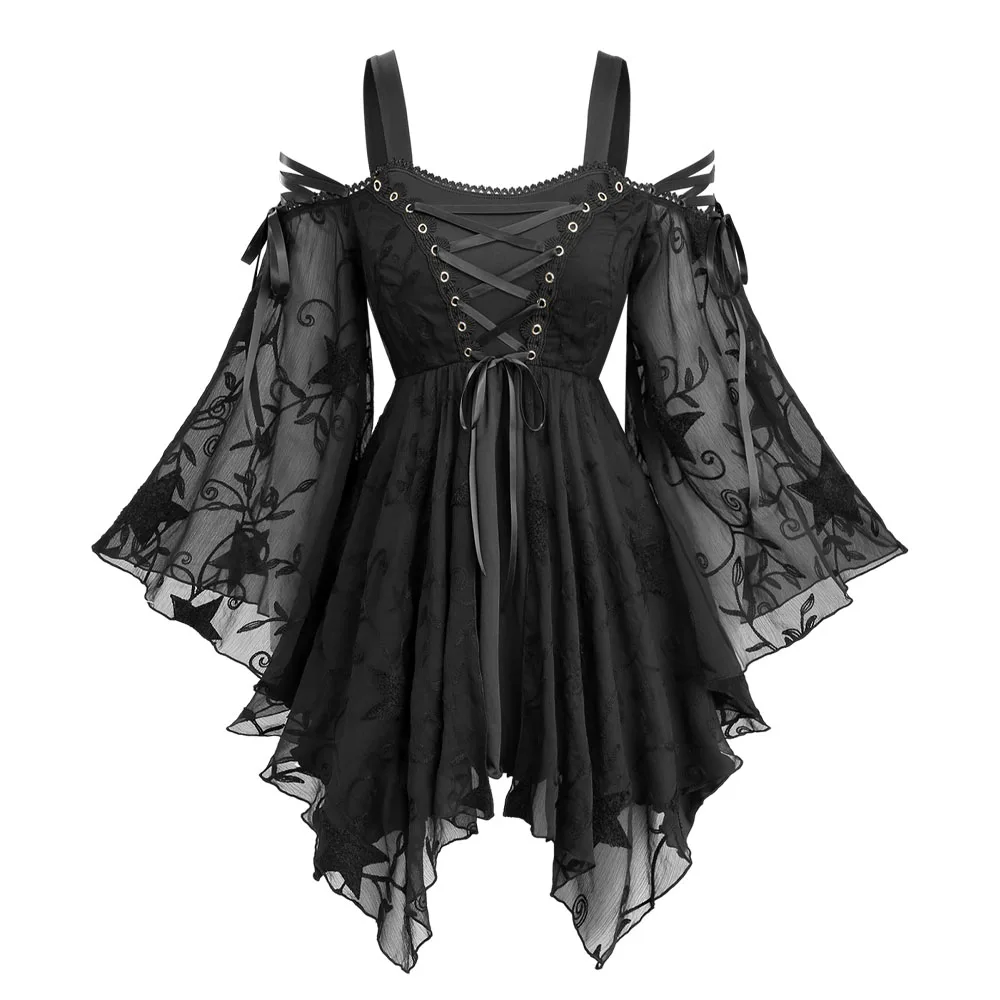 ROSEGAL grande taille étoile broderie Blouse épaule froide à lacets œillets manches évasées décontracté élégant haut pour femme noir