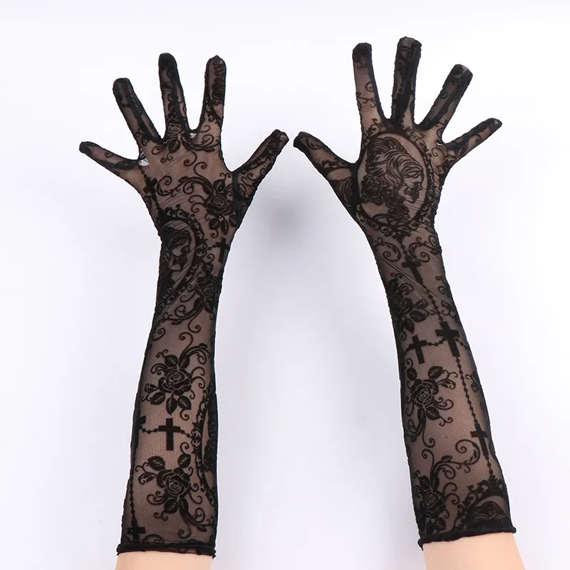 New Black Skeleton Flowers Printing Women Sexy Mesh Transparent Elasticity Long Gloves Performance Halloween Cosplay Accessories