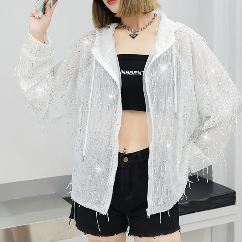 

Spring And Summer New Women Tassel Sequin Long Sleeve Jackets Loose Hooded Streetwear Drawstring High Quality Outerwear Coats