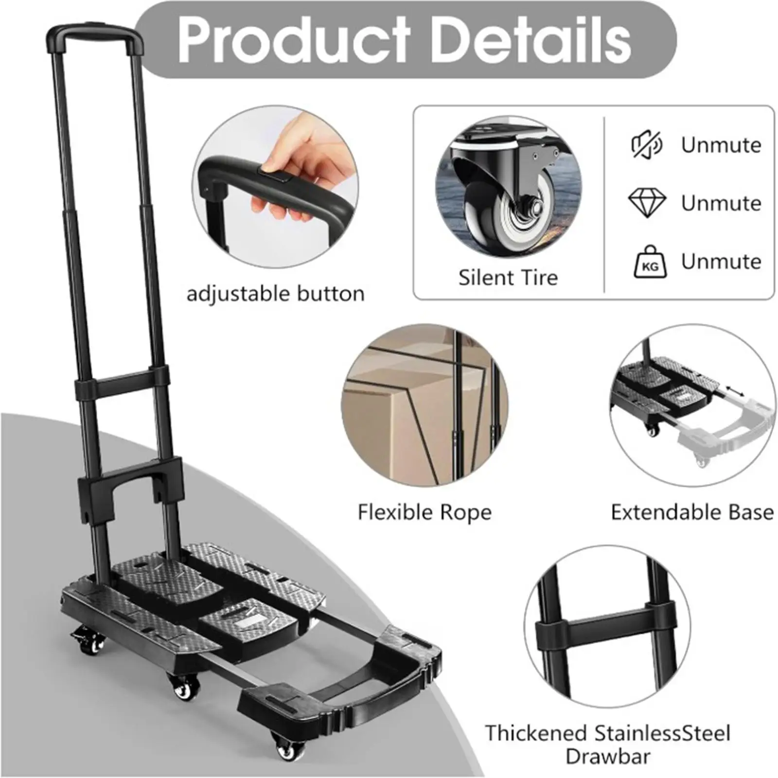 Folding Hand Truck Stable with 2 Ropes Portable for Outdoor Moving Luggage