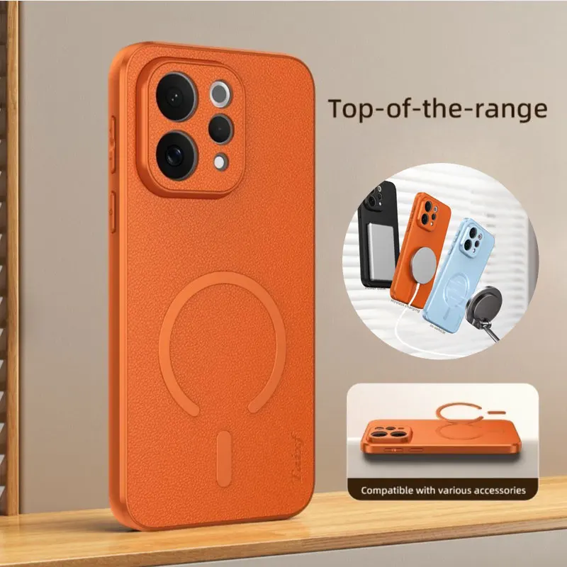 Premium Goatskin Leather Magnetic Wireless Charging Shockproof Case with TPU Soft Frame