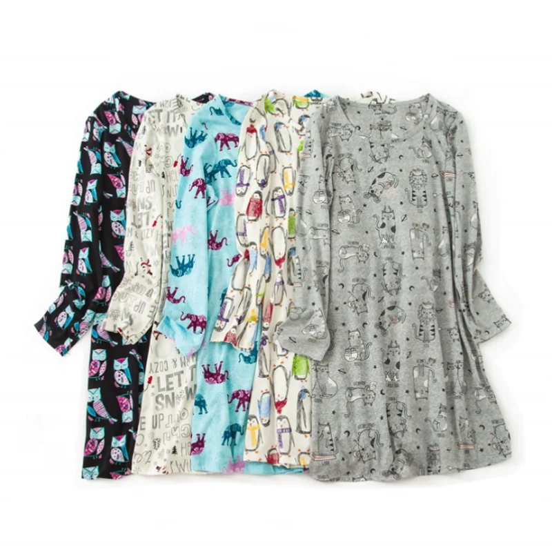 Spring Summer Women Casual Cartoon Sleep Dress Ladies Soft Cotton Nightgown Female Long Sleeve Plus Size Home Sleepshirt