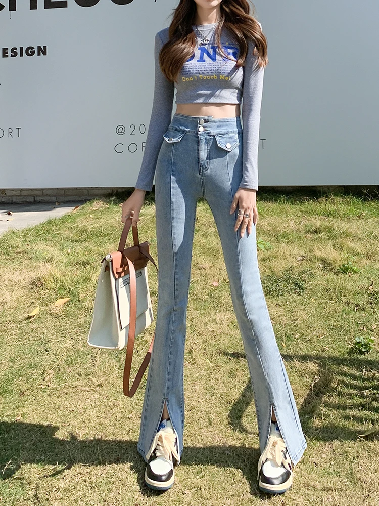 High Waist Double Breasted Jeans For Women Summer Split Flare Denim Pants Skinny Full Length Jean Trousers Female 0816 paige jeans