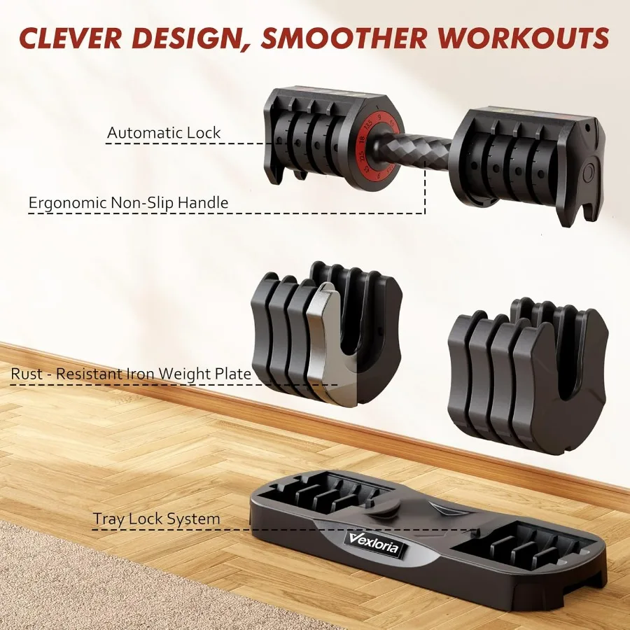 Adjustable Dumbbell Set, 22.5lb 5-in-1 Quick Adjust Dumbbell, Free Weights with Storage Tray for Home Gym, Full Body Workout Equ