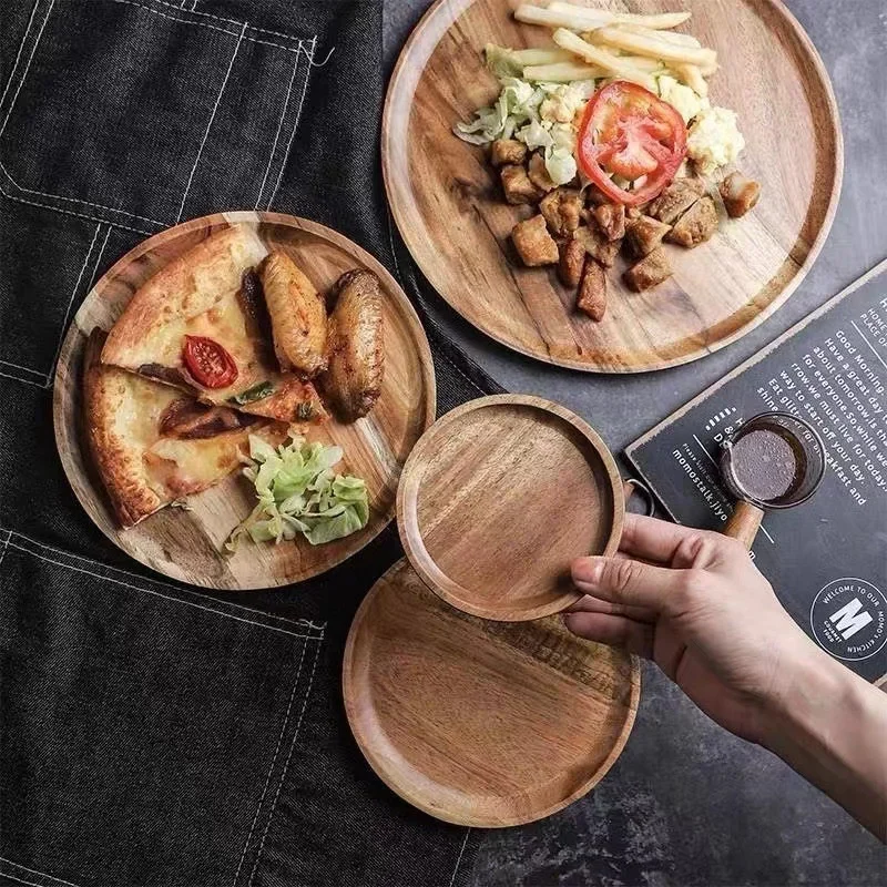 Natural Wooden Tray Round Simple Serving Tray Retro Wood Plates Fruit Dessert Plate Snack Fruit Platter Food Plate Dish 1PC