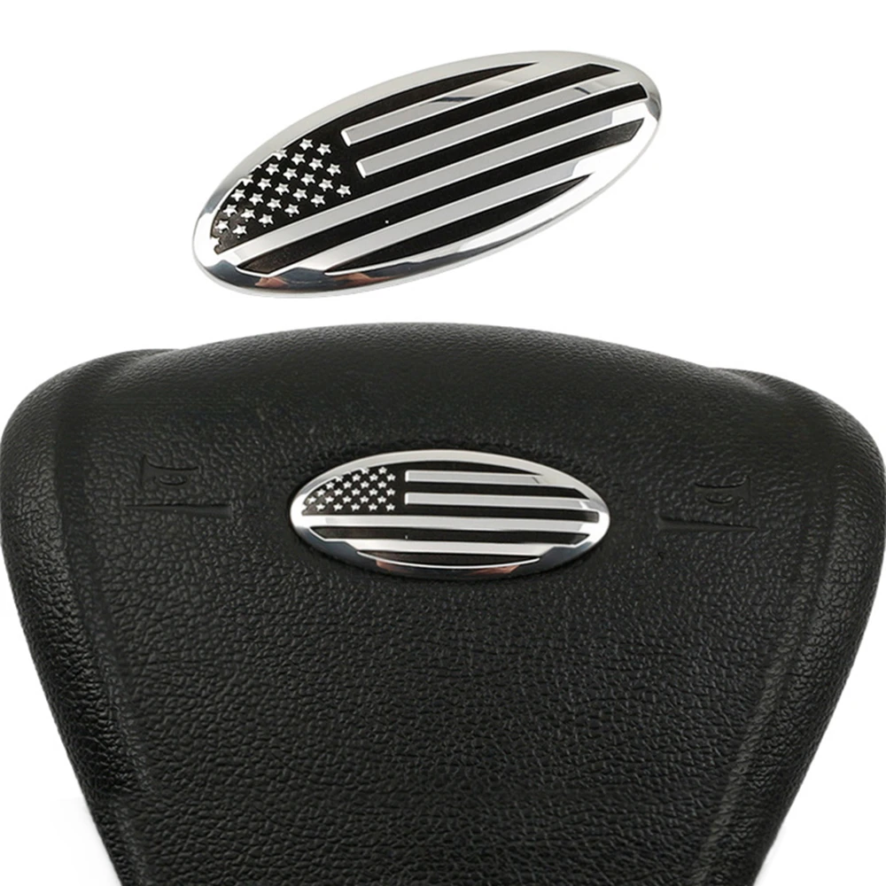 

1x Alloy Chrome Black US USA American Flag Nameplate Emblem Car Steering Wheel Oval Cover Badge for F150 F250 F350