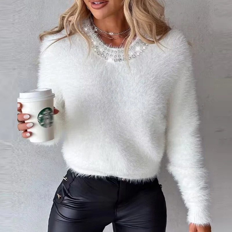 

Autumn Winter Solid Soft Fur Fluffy Sweaters Women Elegant Shiny Rhinestone O-neck Tops Pullover Casaul Long Sleeve Warm Jumpers