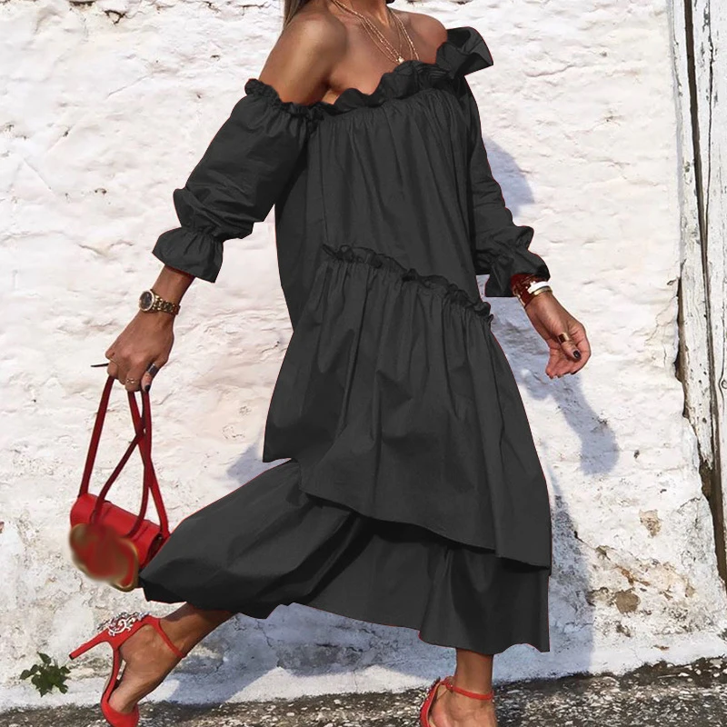 

Fashion Casual Holiday Beach Loose Dress Elegant Solid Color Ruffle Long Dress Women One Shoulder Lantern Sleeve Irregular Dress