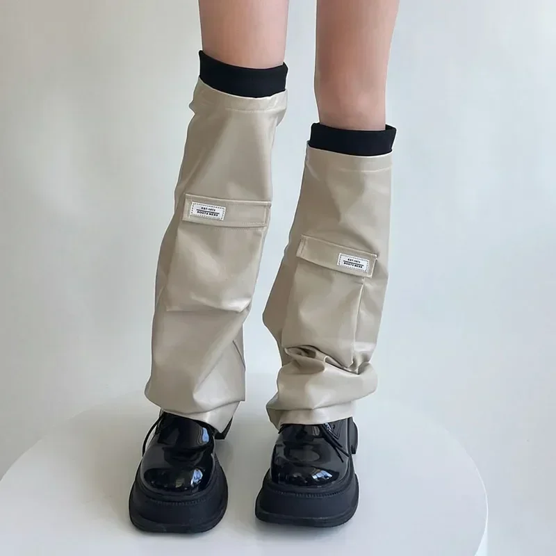 

Knee Boot Leather Punk Slouch High Cuffs Flap Warmers Leg Women's Japanese Socks Autumn Pocket Print Winter Style