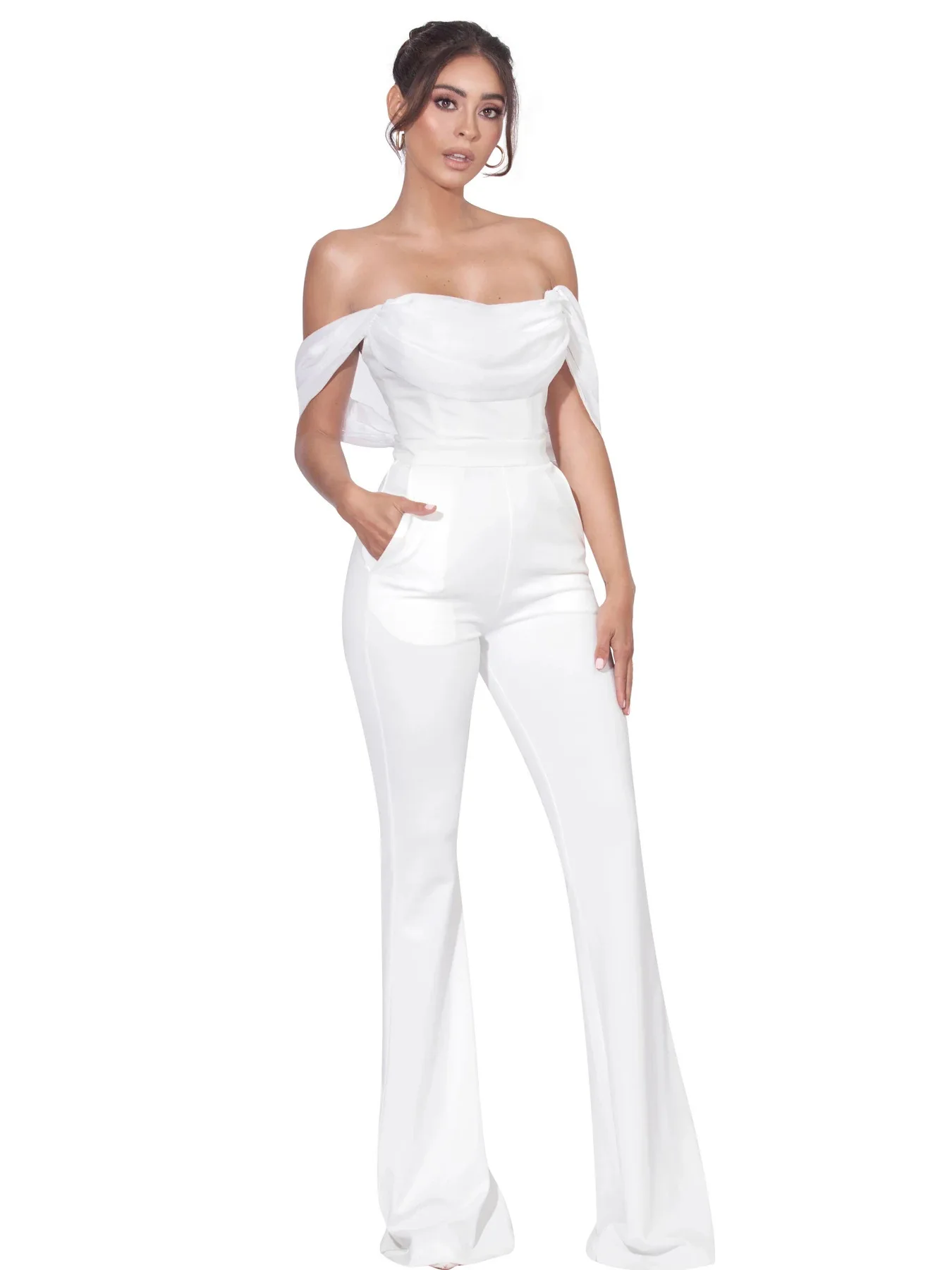 

2022 New 2 Color Woman Sexy Slash Neck Bodycon Jumpsuit Fashion Flare Pants Lady Party Outfit Night Club Bar Wear