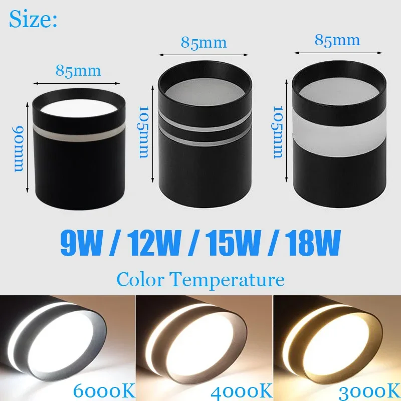 Description Picture 5 of itemDimmable Cylinder LED Downlights 9W 12W 15W 18W Surface Mounted Ceiling Spotlights AC85~265V Home Lighting Kitchen Corridor Shop