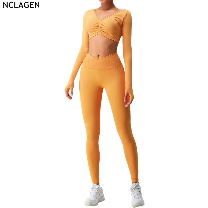 

NCLAGEN Squat Proof Seamless Women Suit Women's Long Sleeve Shirts And Leggings Yoga Pants Running Sports Fitness Set Running