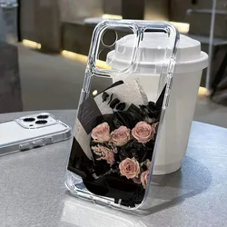 Elegant Black Floral Clear Case with Rose Design - Soft Protective Phone Cover - iPhone 15 Pro (Style 1)