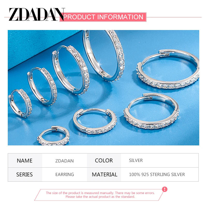 ZDADAN 925 Sterling Silver 8/12/16/20mm Zircon Hoop Earrings For Women Fashion Jewelry 5