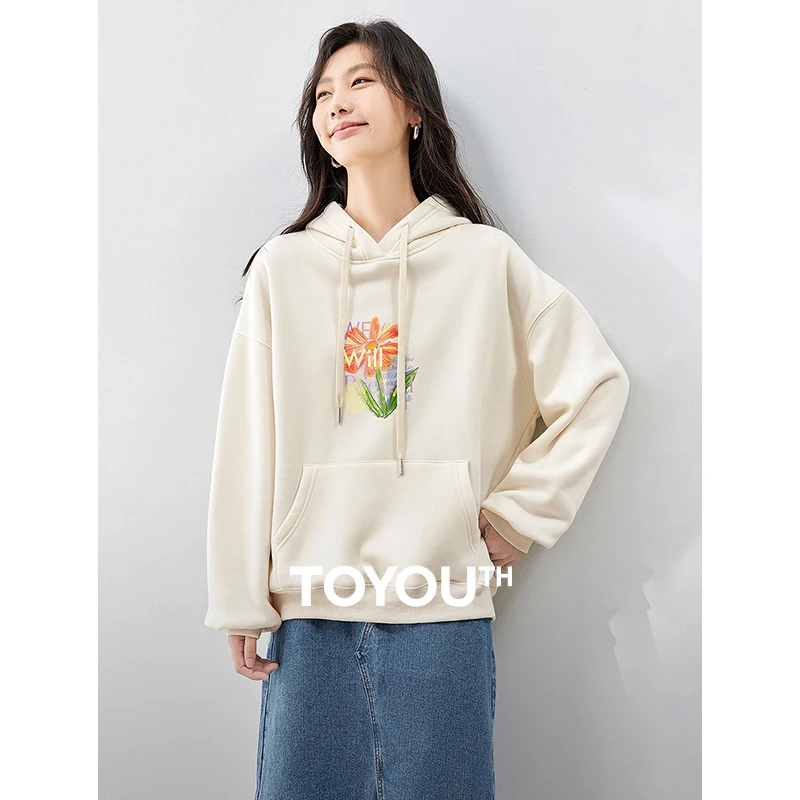 

Toyouth Women Fleece Hoodies 2023 Winter Long Sleeve Loose Hooded Sweatshirt Graffiti Flower Print Casual Comfort Pullover