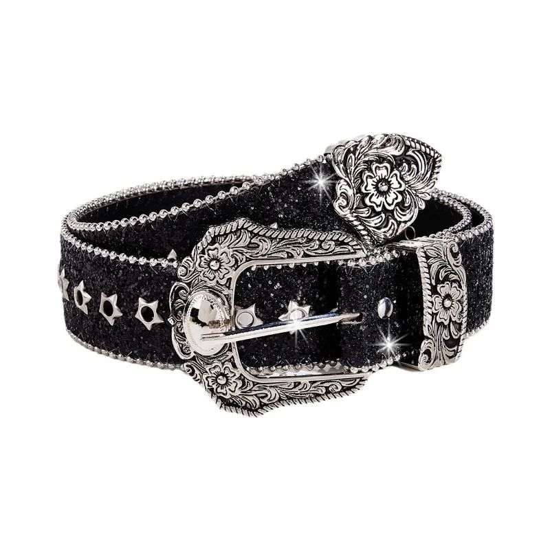 Black Subculture Women's Belt | American Retro Ins Style Star Sparkly Decor, Fashionable Accessory for Dresses &  Pants
