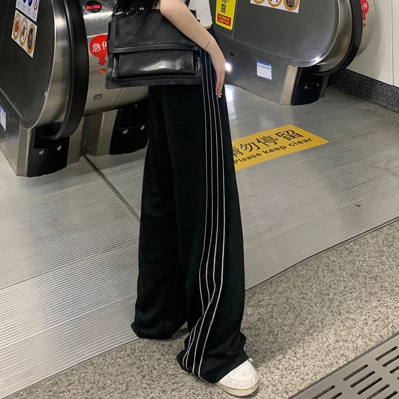 2024 frauen Mode Designer Hosen Dame Baggy Breite Bein Gerade Bein Hosen Weiblichen Koreanischen Stil Hohe Taille Schwarz Streifen Hosen – Detail 9