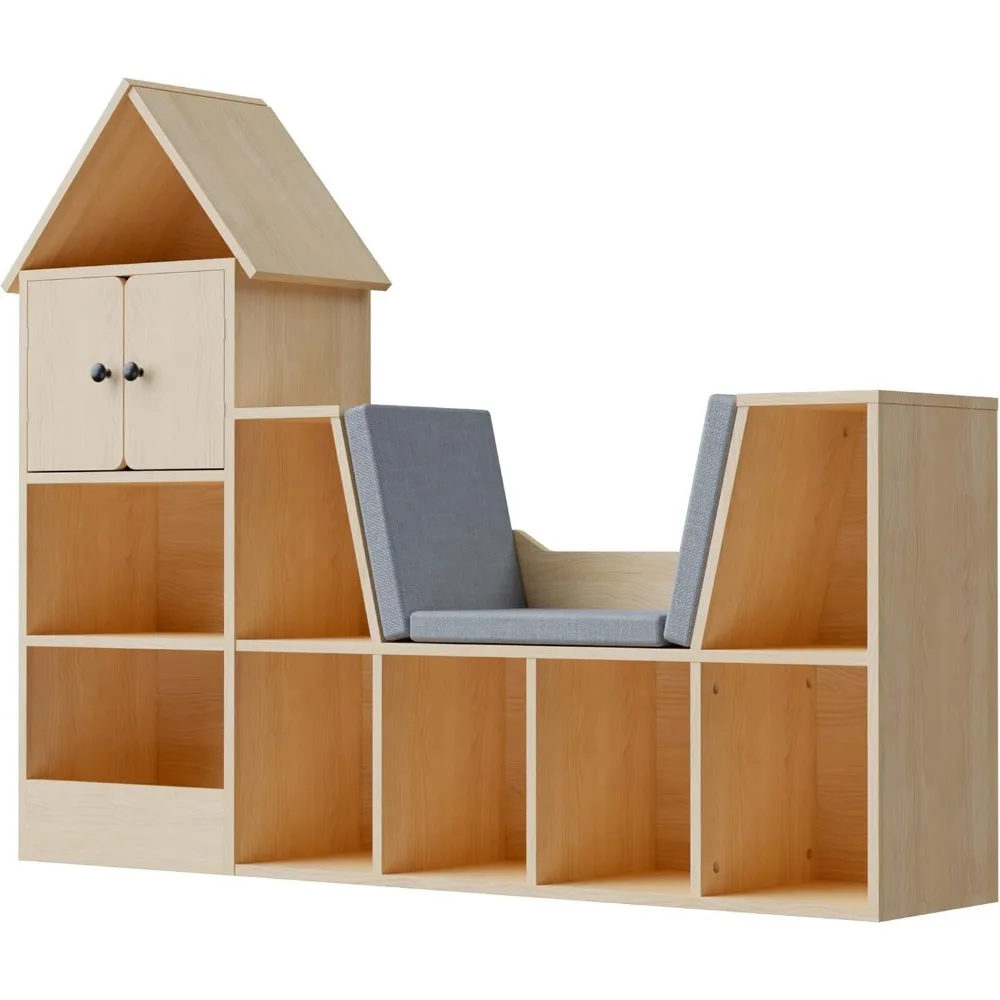 56.9" Wooden Kids Bookshelf with Reading Nook, Kids Bookcase with Detachable Cushions,Toy Storage Organizer with 9 Cubes 4