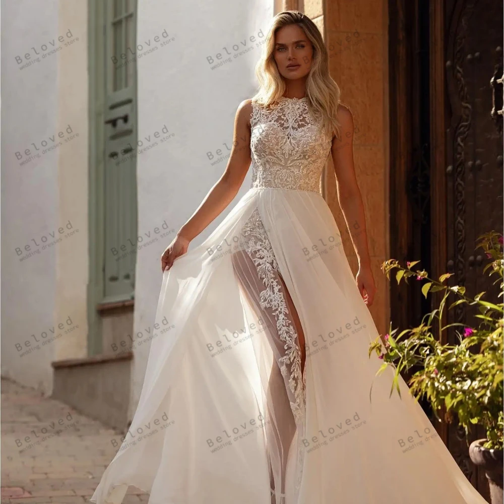 

Gorgeous Wedding Dresses A-Line Chiffon Bridal Gowns Lace Appliques Sleeveless High Slit Robe For Formal Party Vestidos De Novia