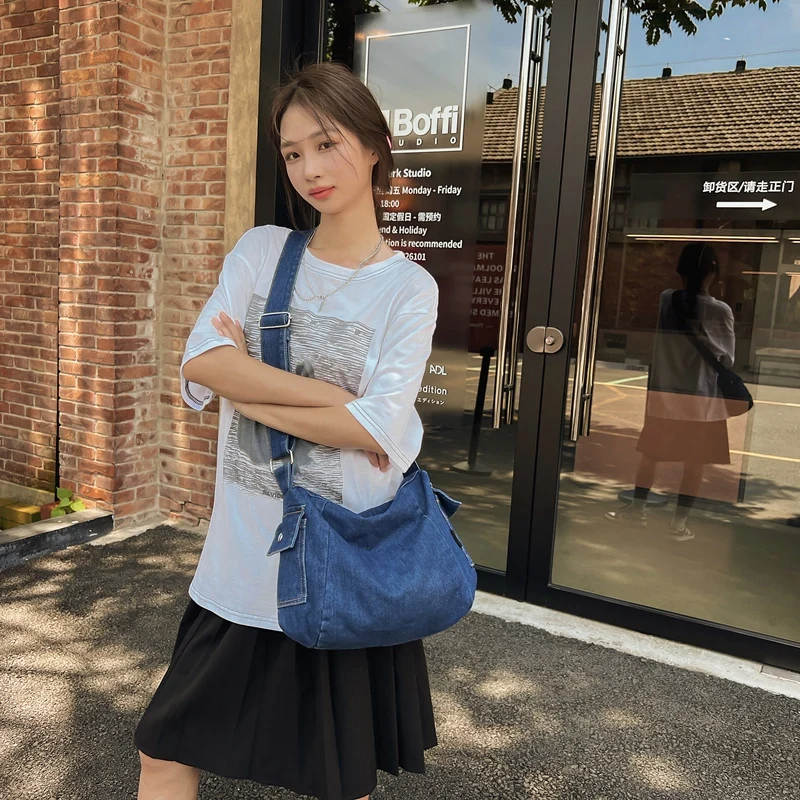Solid Denim Women's Bag Jeans Messenger Bag Y2K Canvas Shoulder Bag Cross Eco Bag Korean Shopper Hobos College Handbags Satchel