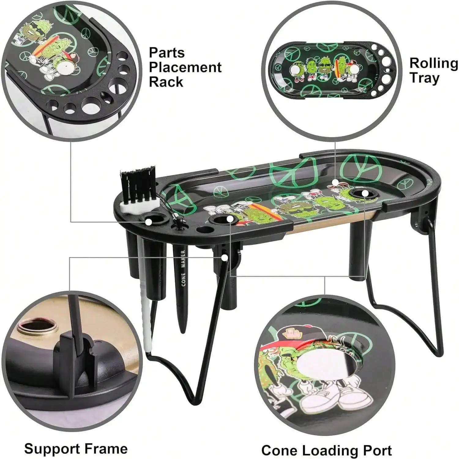 Rolling Tray with Folding Rolling Station to stuff Full Size and Standard Sized Cones-8 inch x 4 inch rolling tray with tools cigarette rolling tool