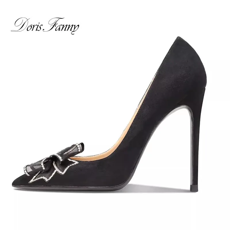 

Doris Fanny Black Suede Leather High Heels Women Pointed Toe Butterfly Crystal Shallow Sexy Stiletto Party Shoes Fashion New