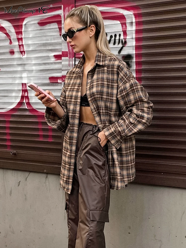 

Mnealways18 Vintage Plaid Shirts Women Loose Gingham Female Blouse Spring 2024 Button Top Shacket Oversized Long Shirts Ladies