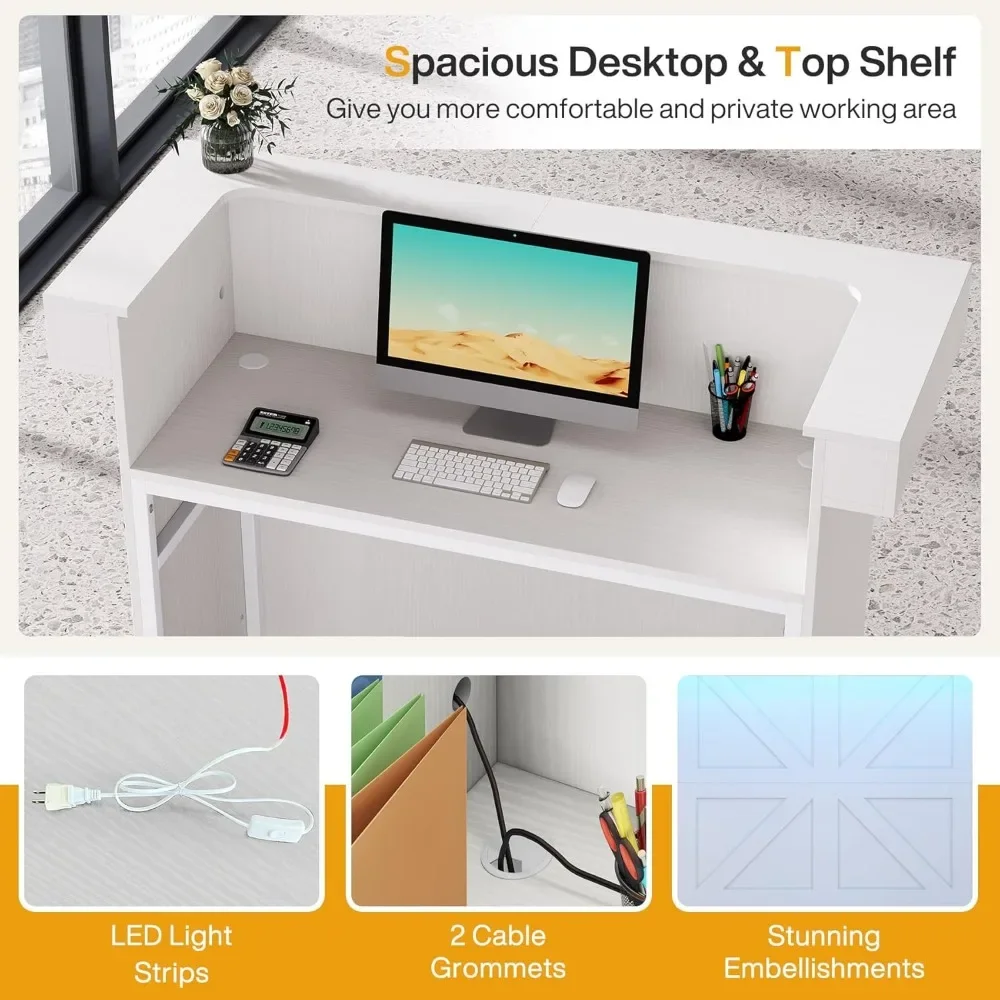 Reception Desk with Light, 55-Inch Front Desk with Cable Grommets, Modern Retail Counter Table for Salon, Lobby, Shop 5