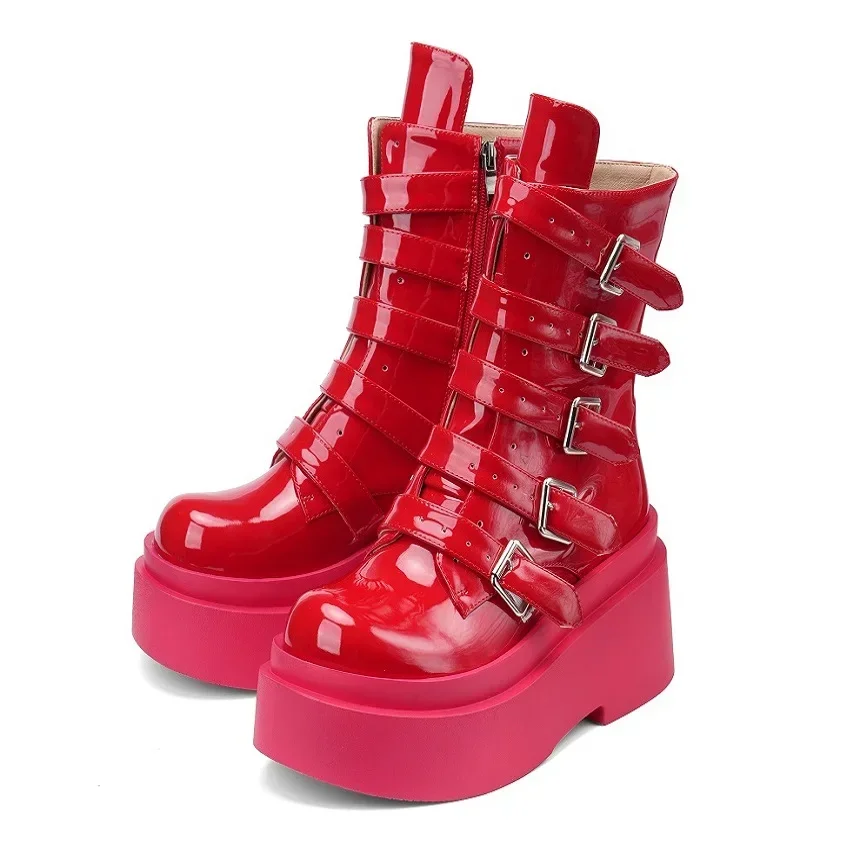 

Женские мотоциклетные сапоги на толстой подошве, красные повседневные сапоги до колена в стиле панк, на шнуровке, размеры 34-43, для осени и зимы