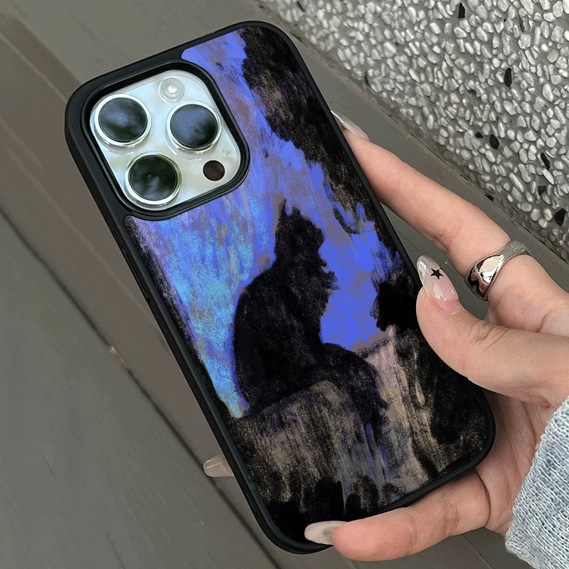 Elegant Dark Purple Cat Oil Painting Phone Case with Black Edging