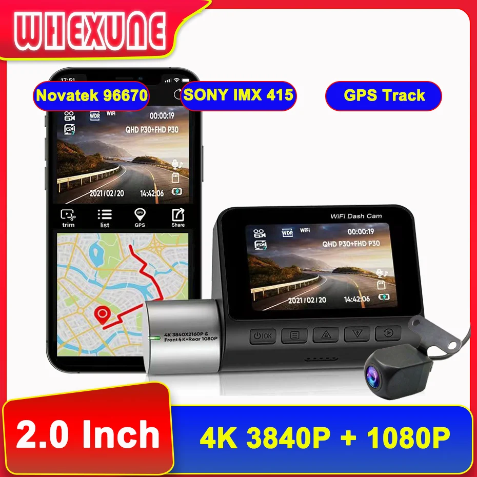 

Видеорегистратор UHD 4K + 1080P Novatek 96670 GPS, передний Автомобильный видеорегистратор SONY IMX415, задняя камера, запись Wi-Fi, автомобильный видеорегистратор