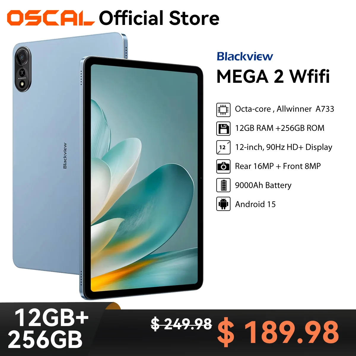 OSCAL Blackview MEGA 2 WIFI Tablet, 12'' 2K FHD+ Display 12GB RAM 256GB ROM 9000mAh Battery, 16MP Android 15 Tablets WIFI PC