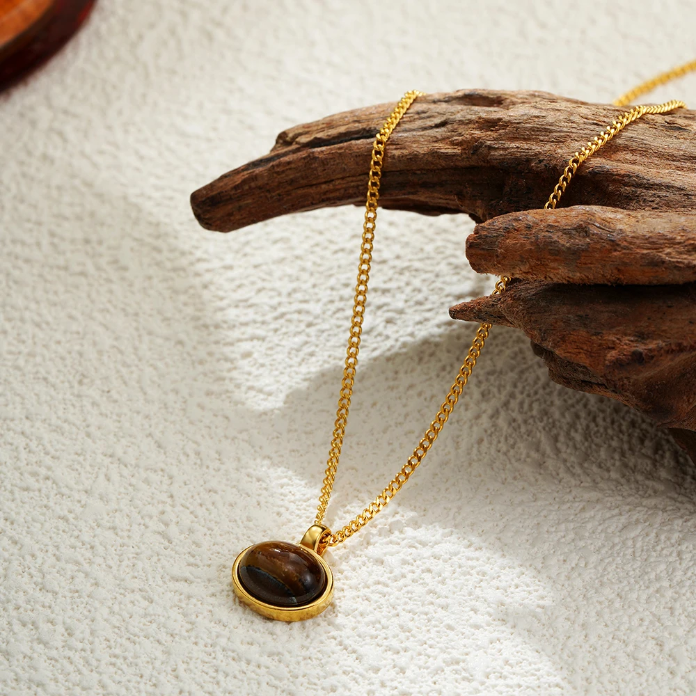 New 18K Gold Plated Chic Tiger Eye Stone Glass Necklace Anti Allergic Metal Aesthetic Crystal Goth Jewlery Party Gifts Wholesale