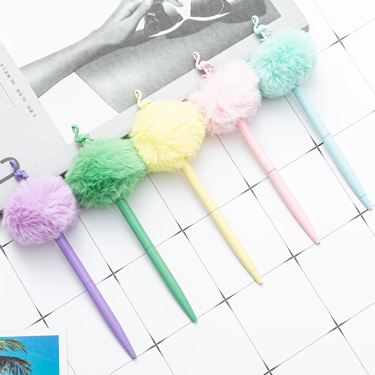 

20 pcs/lot Creative Flamingo Hairball Metal Ballpoint pen Cute Rotary Ball pens Business pen office School Writing Supplies
