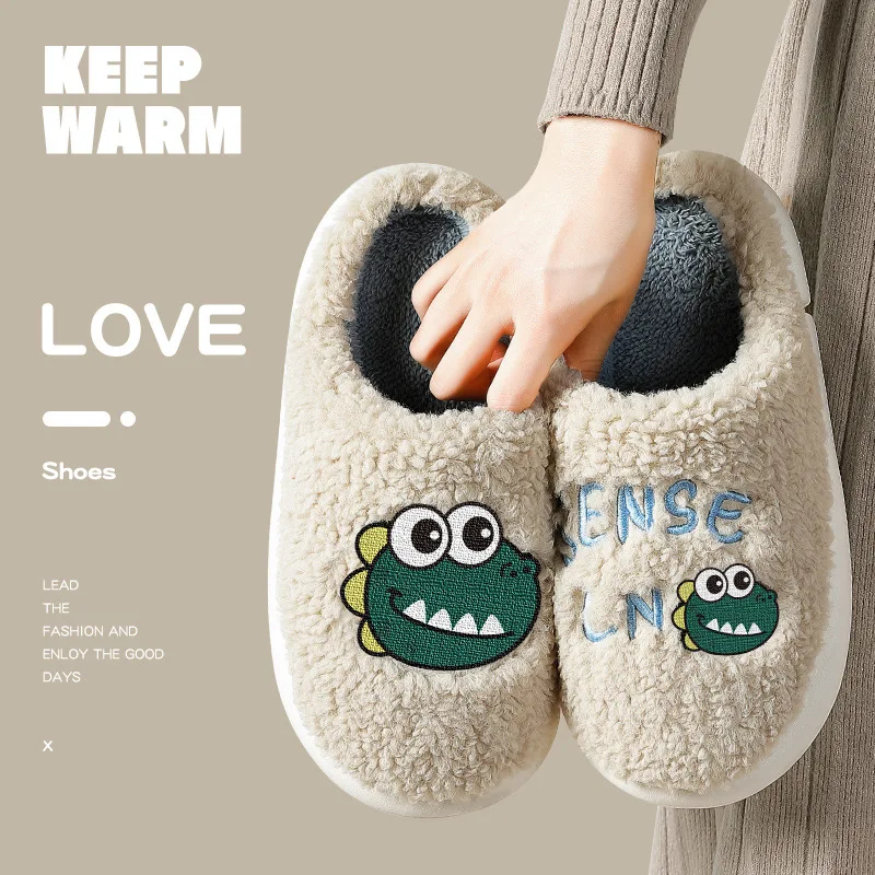 

Home Fuzzy Slipper Women Bear dinosaur Winter Fur Contton Warm Plush Non Slip Grip Indoor Lazy Female Floor Shoe Flat Male Men