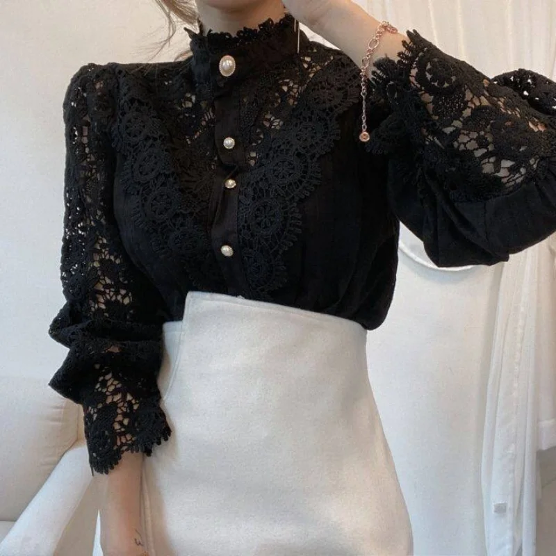 Women Long Sleeve Lace Blouse Shirt