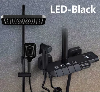 สีดําชุดฝักบัวดิจิตอลห้องน้ําสายฝนทองเหลืองติดผนัง 4Way ก๊อกน้ําอ่างอาบน้ํา Thermostat Rain Mixer TAP ระบบ 1