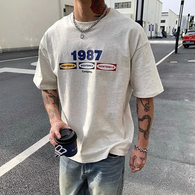 

Summer cotton Korean letter printed T shirt American retro round neck men's y2k casual white and gray half sleeved y2k tops emo