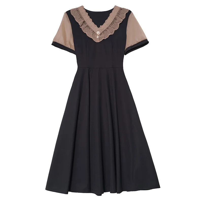 

Платье женское Плиссированное средней длины, элегантное черное из двух предметов, с оборками, V-образным вырезом и коротким рукавом, большие размеры, на лето