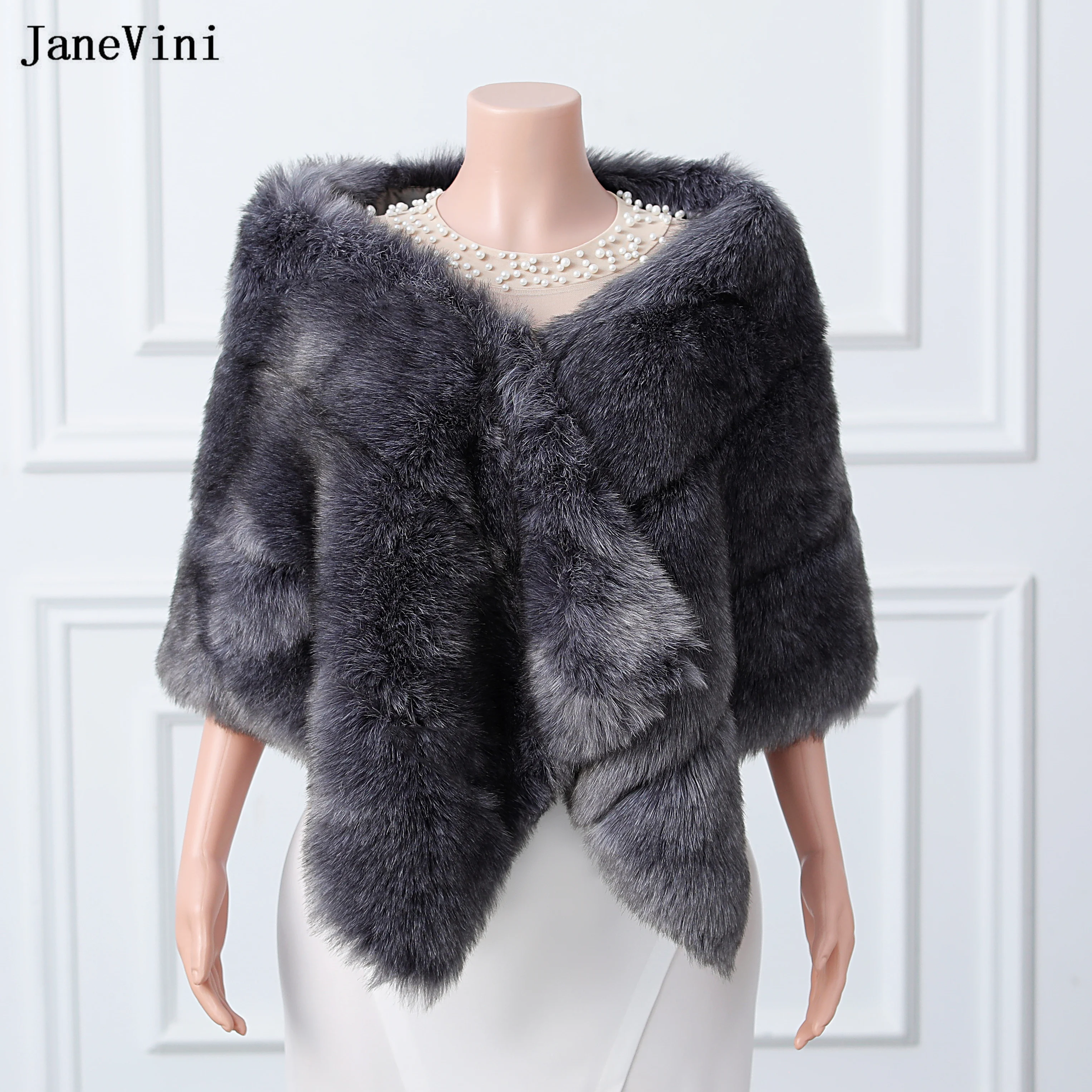 

JaneVini 2023 Luxury Dark Gray Bridal Bolero Faux Fur Wraps Shawls Wedding Cape Cloak Winter Women Evening Party Stoles Jackets